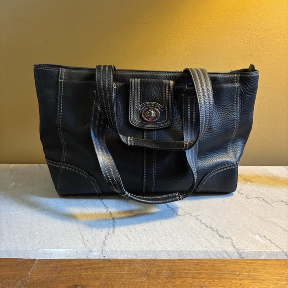 Coach Hampton F13960 Pebbled Leather Satchel Handbag Black Double Straps Y2K - Picture 1 of 12